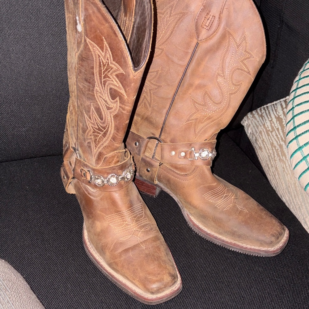 Brown Western Cowgirl Boots with Embellished Straps